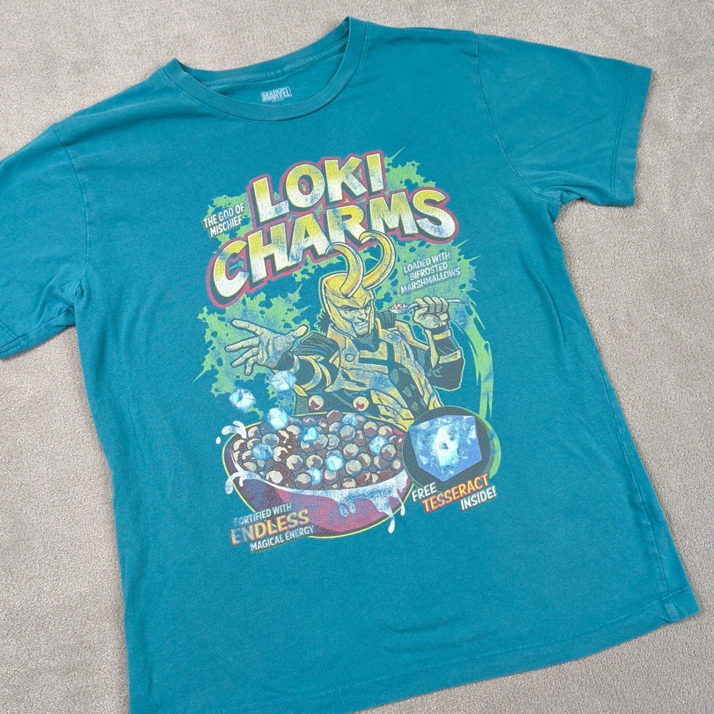 Marvel Loki Charms Graphic T-Shirt Medium Mens Teal Cereal Parody MCU Tee